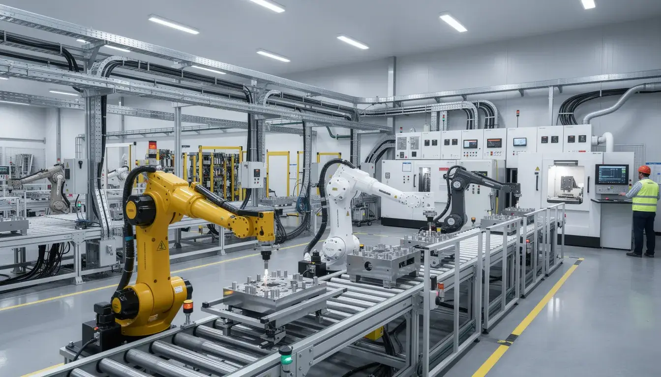 an industrial manufacturing facility featuring automated assembly equipment and power distribution systems